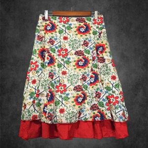 Vintage Spring Floral A-Line Skirt with Red Accents